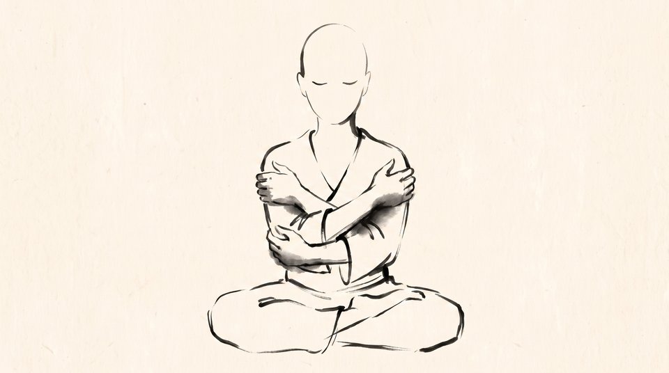 Ink illustration of a seated figure with eyes closed, arms wrapped tightly around the torso in a self-hug, hands gripping the opposite upper arms.